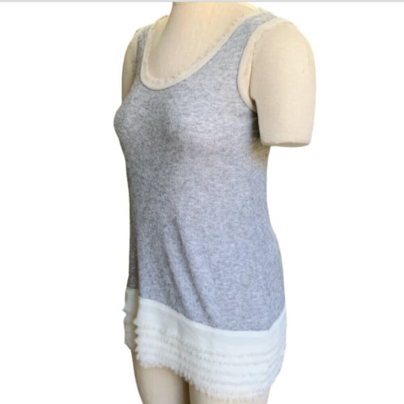213 Michelle Kim Tank Top L Gray Rib Knit and Fringe Lace 30C - Picture 4 of 7